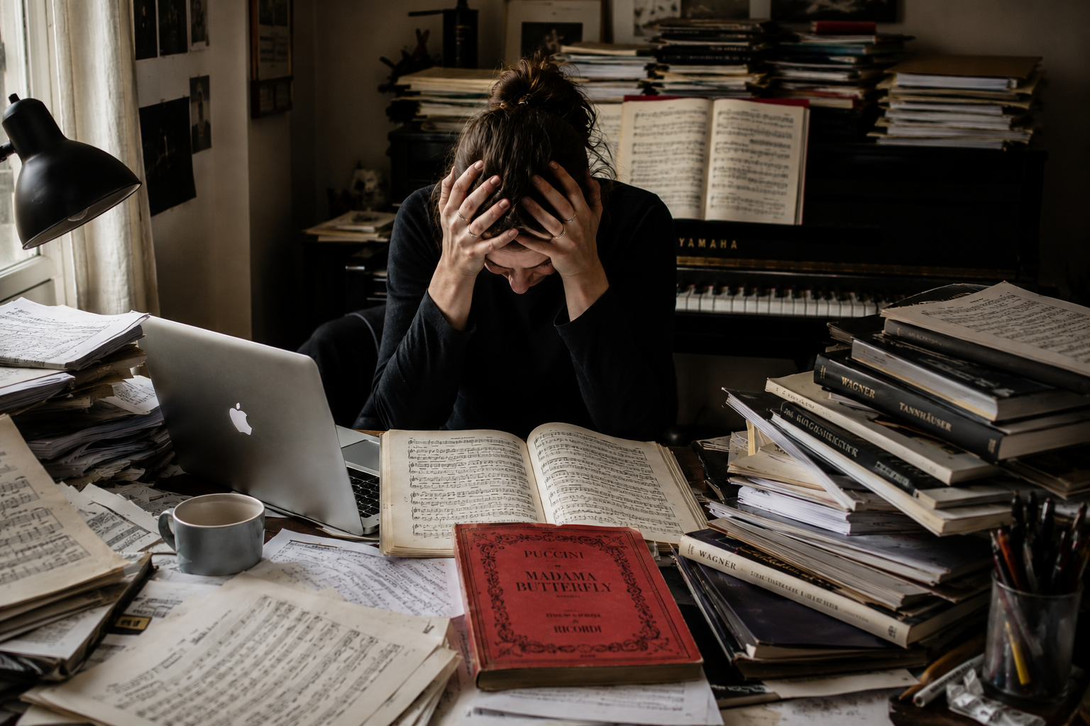 An artist buried in scores, stressed about keeping their materials up to date.